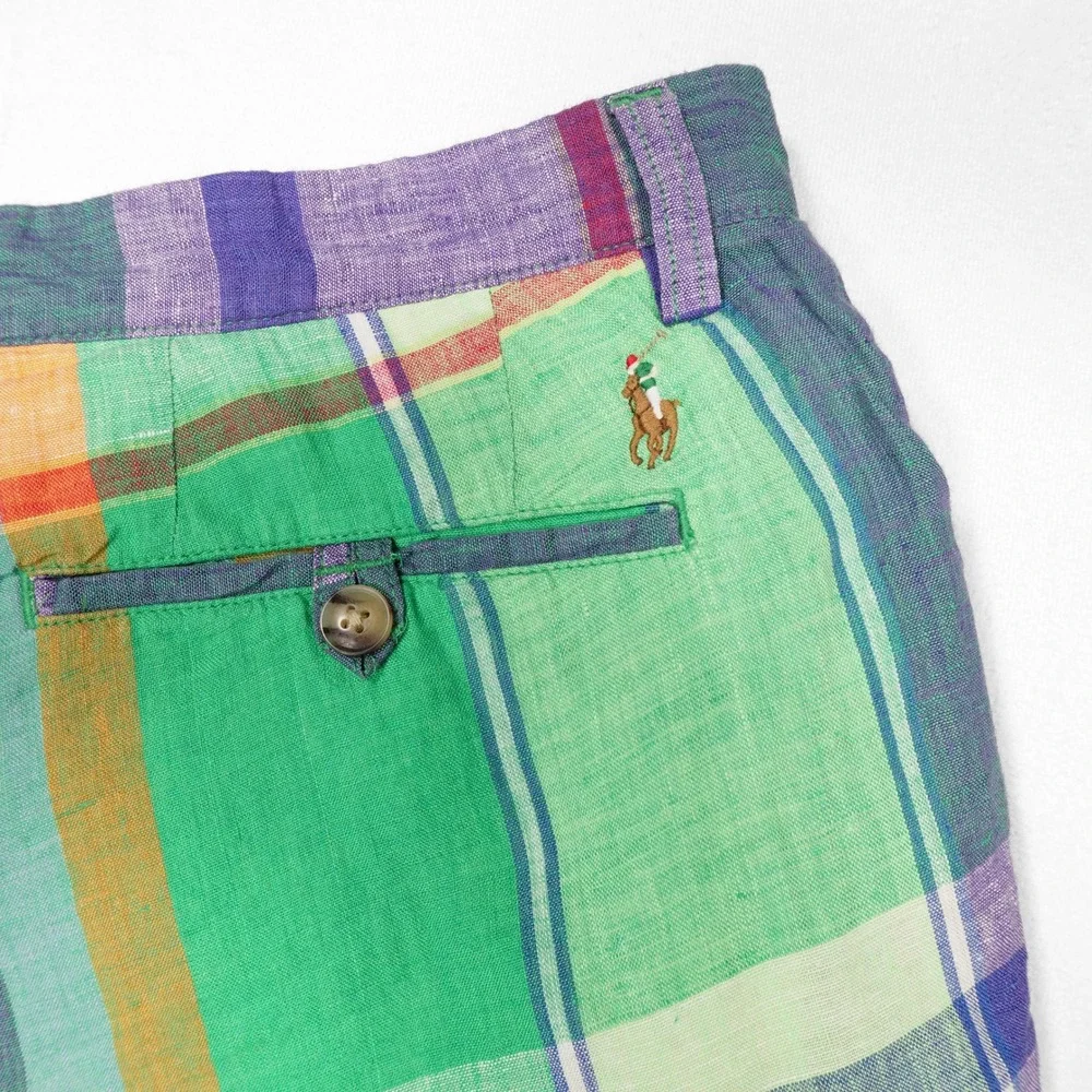 POLO RALPH LAUREN Men's 32 Multicolor 100% Linen Madras Plaid Classic Fit Shorts